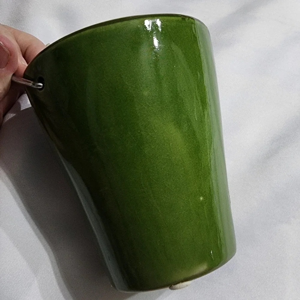 Green Glazed Ceramic Decorative Mini Bucket Metal Handle Crackle Finish 4.5 inch